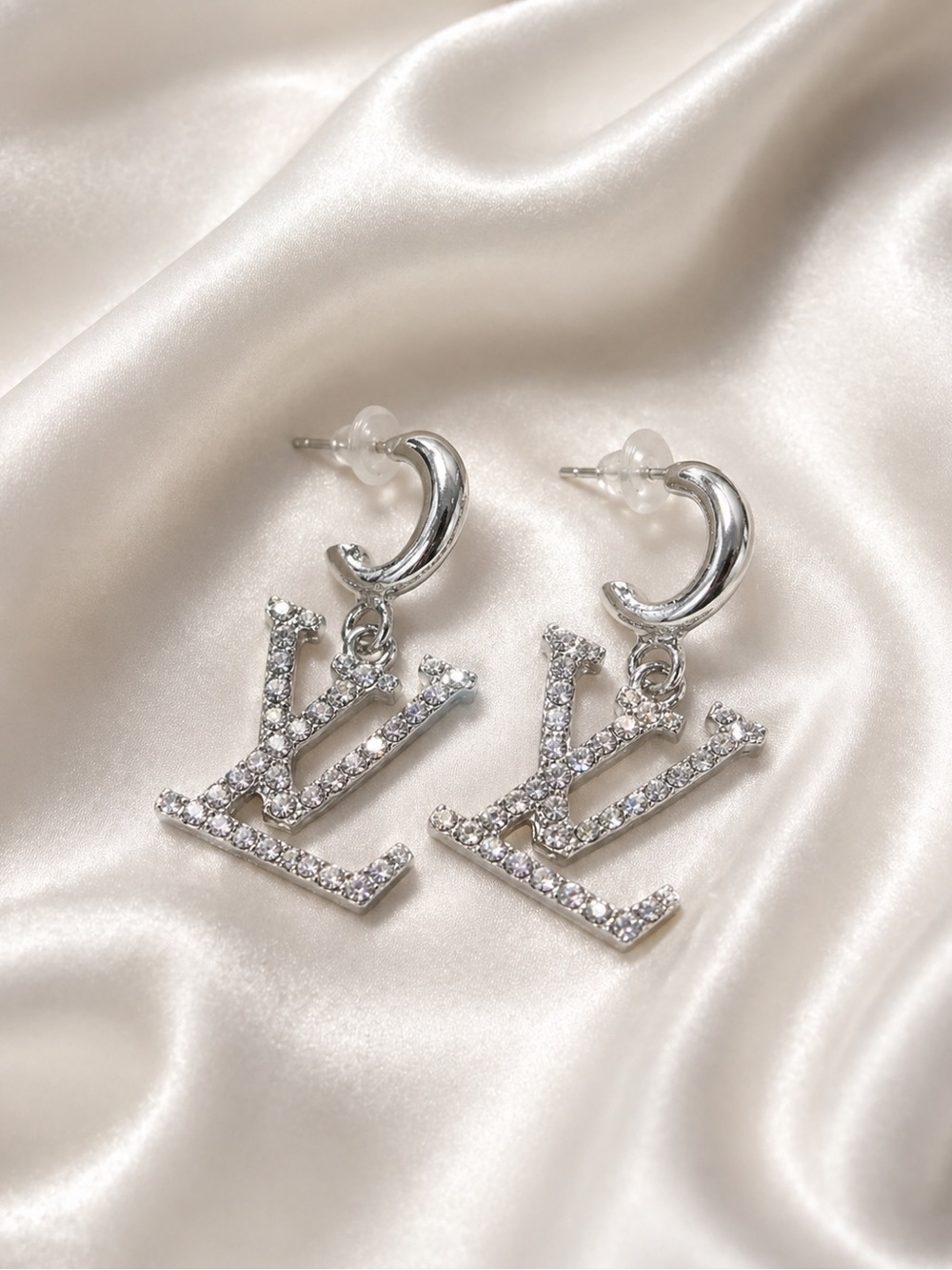 Crystal Monogram Drop Earrings - Silver Toned